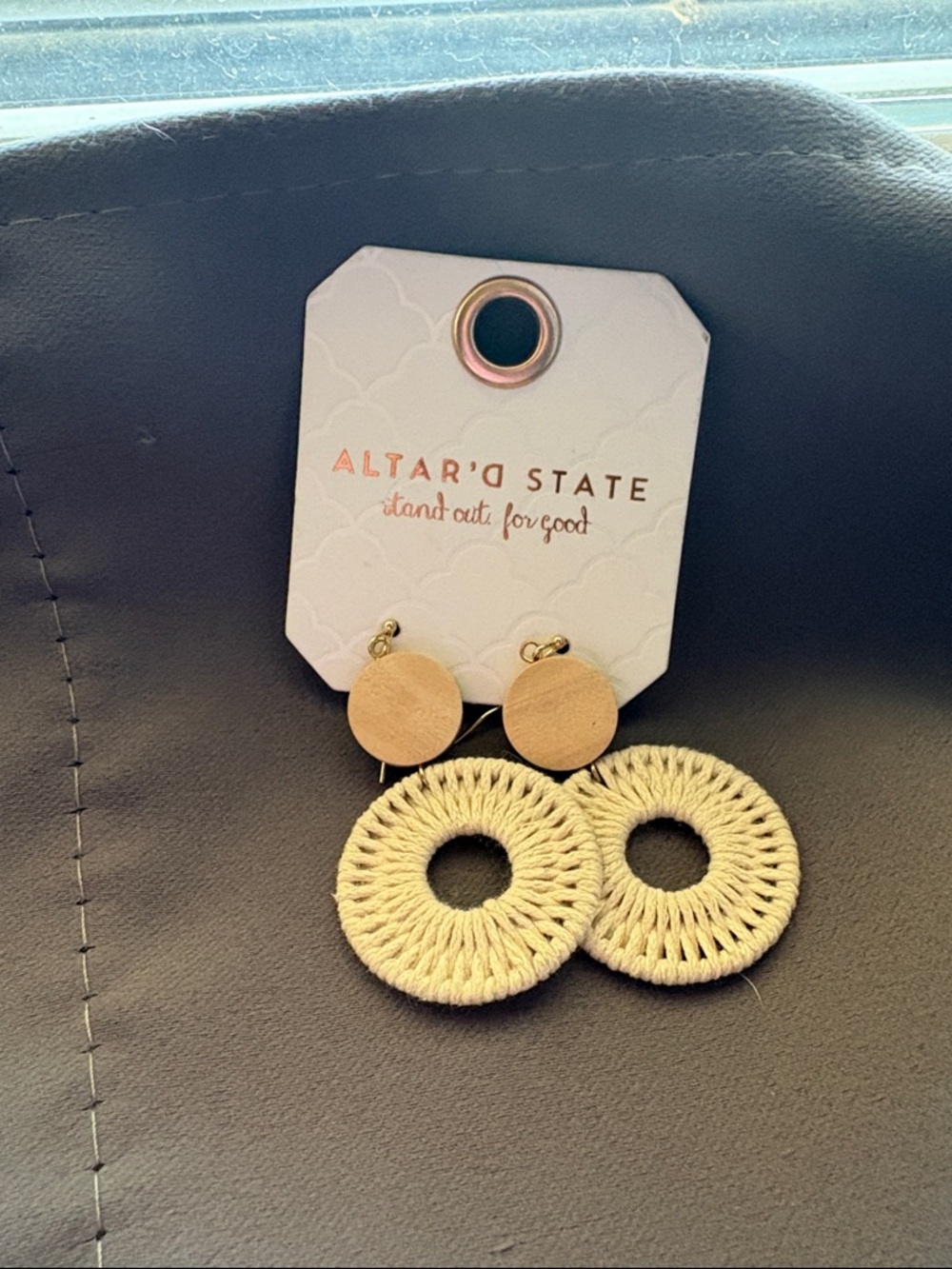 Altar'd State Beige Woven Circle Drop Earrings - Boho Festival Natural Minimal